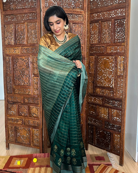 Checks and Flowers Bottle Green Chanderi Silk Saree