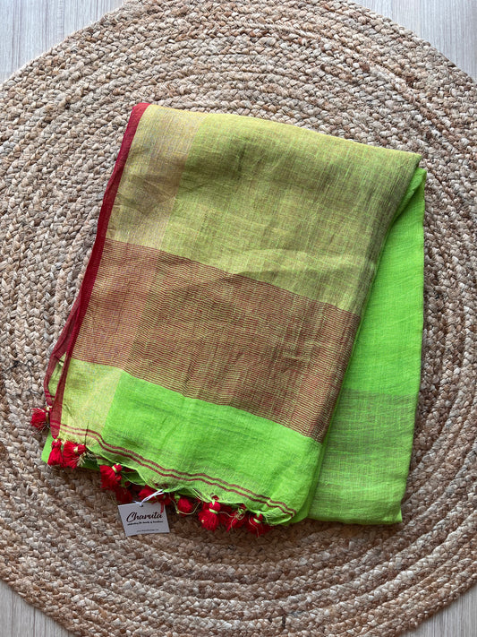 Grass Green and Red Linen Saree